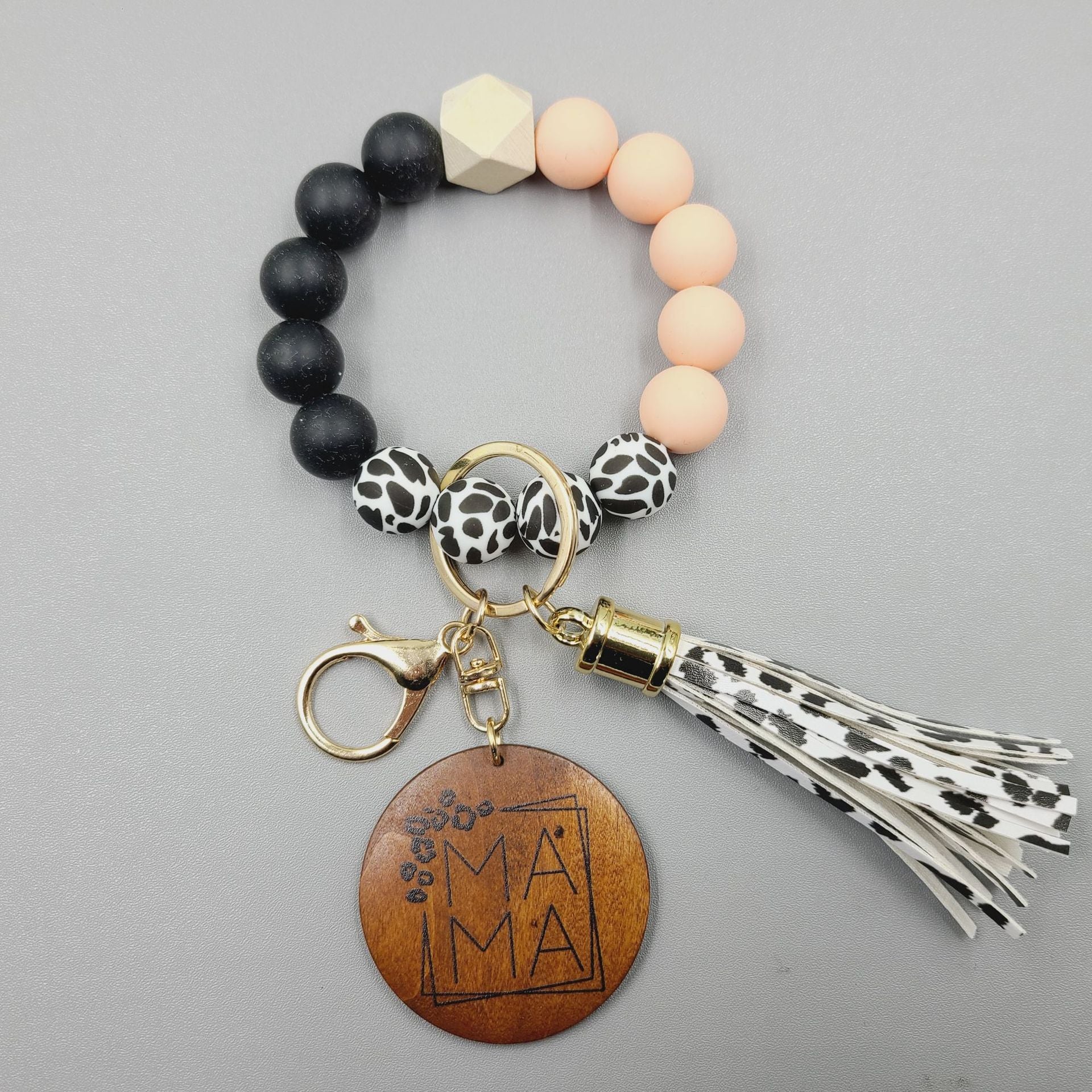 Wholesale MAMA Wooden Sign Pendant Cow Pattern Silicone Beads Bracelet Keychain